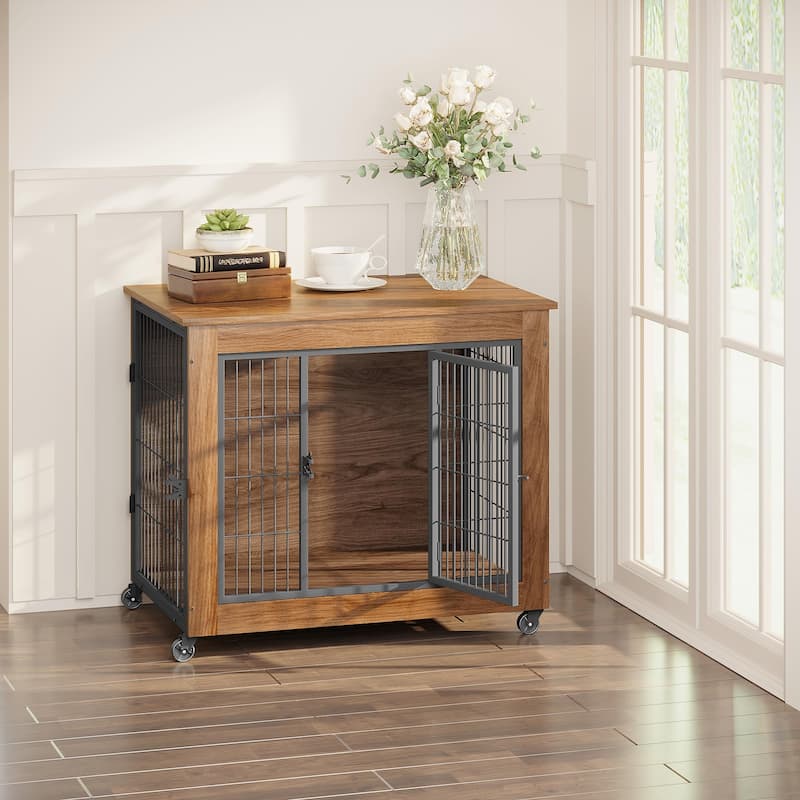 32.5" Dog Crate Furniture with Wheels for Small Dogs, Heavy Duty Dog Kennel Indoor with 2 Doors, Dog Cage for Anxiety Dog