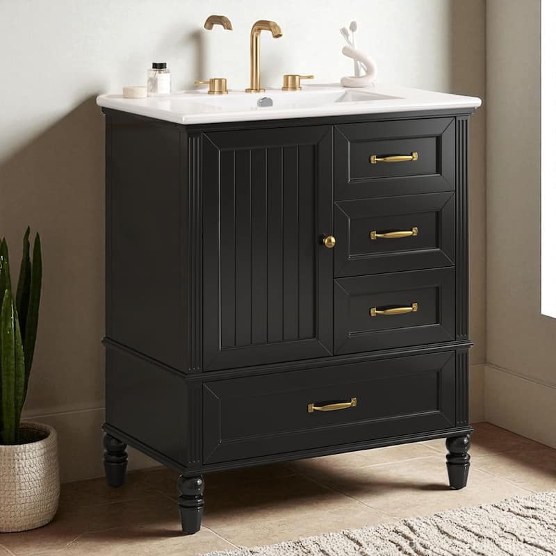 30" Bathroom Vanity with Sink, Freestanding Cabinet with 1 Door and 3 Drawers, Solid Wood Legs, MDF Structure, Soft-Close - Black