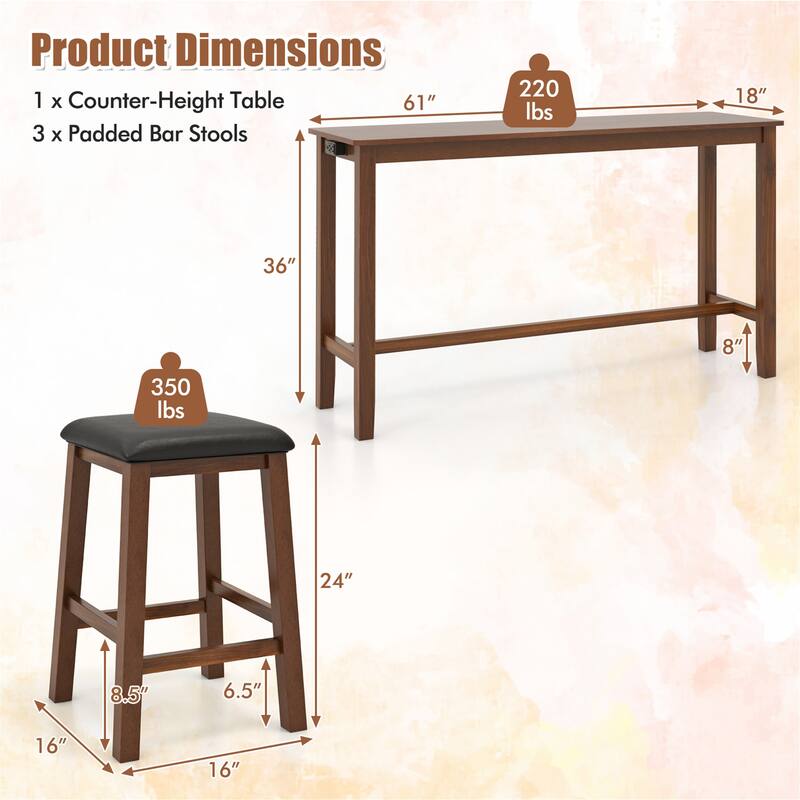 Gymax 4-Piece Bar Table Set w/ Power Outlet Counter-Height Table & 3