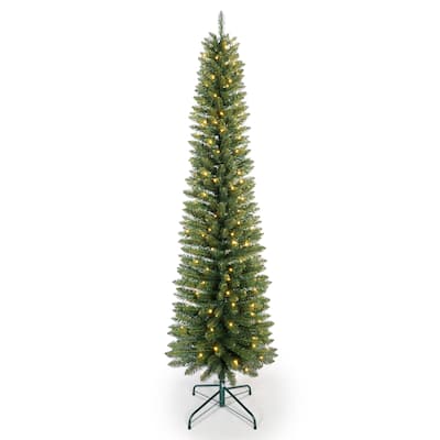 6FT Green Pencil Christmas Tree with 150 Warm White LED Lights - Slim PVC Tree with 358 Tips, Compact Design, Stable Metal Stand