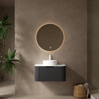 30" Wall-Mounted Bathroom Vanity with Artificial Marble Top, Curved Bathroom Storage Cabinet, Round Ceramic Basin, White+Black