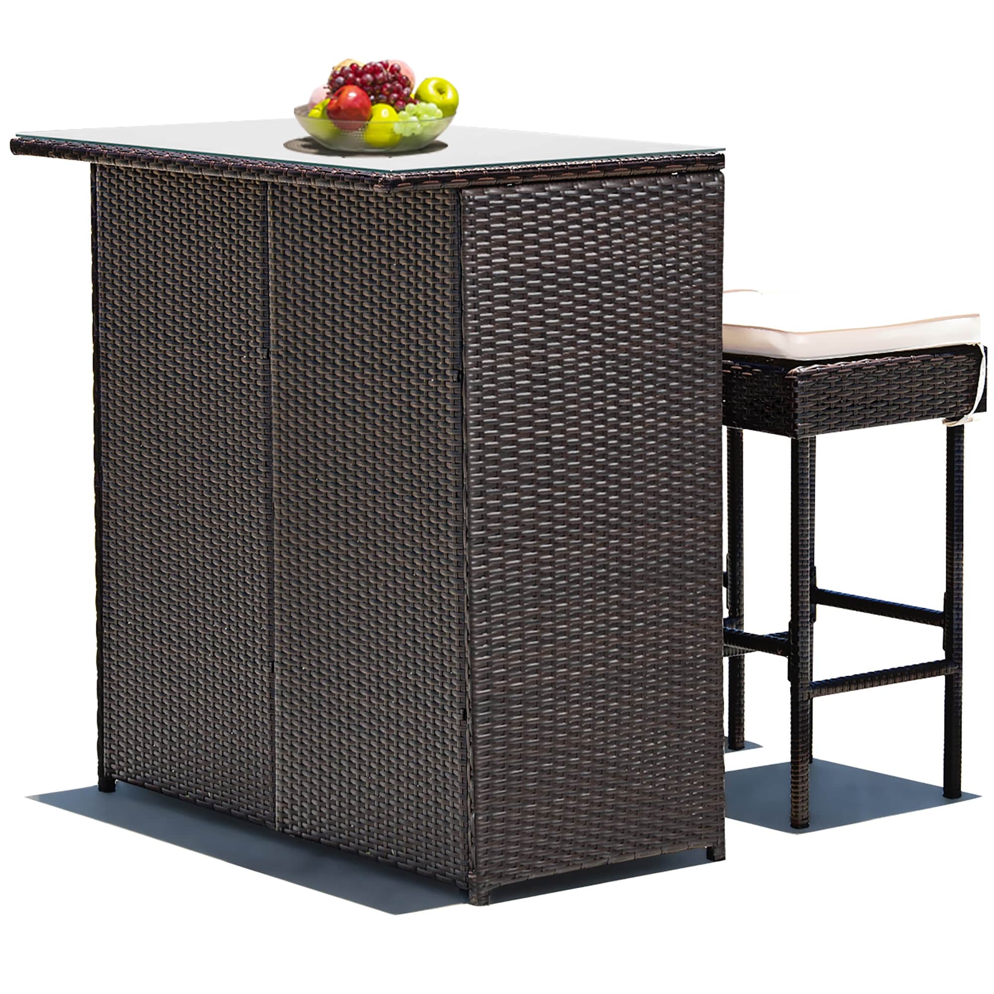 Costway 3pcs patio outdoor rattan wicker bar table and 2 stools clearance