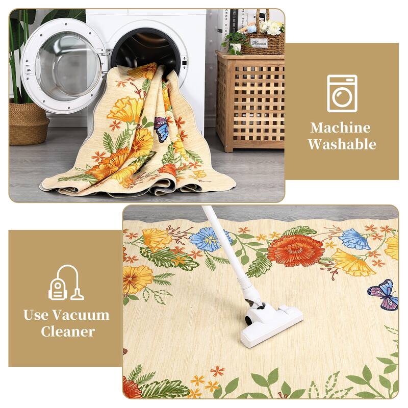 Area Rugs for Living Room Bedroom Washable Modern Floral Rug Scalloped Non-Slip Low Pile Carpet