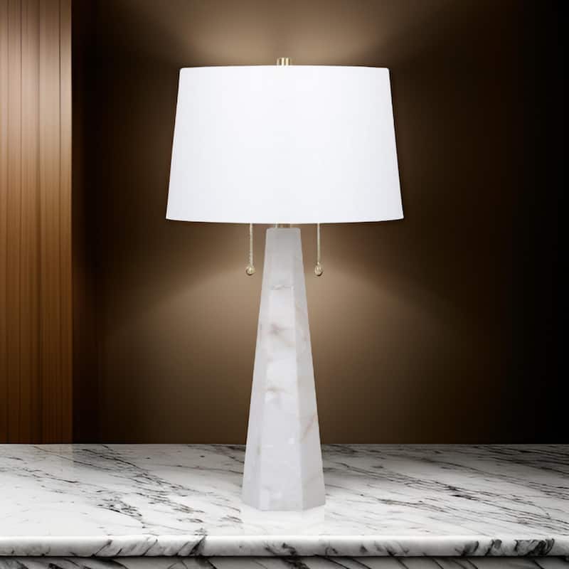 32 Inch Table Lamp, White Drum Shade, Double Pull Chain, Tapered Cone Base