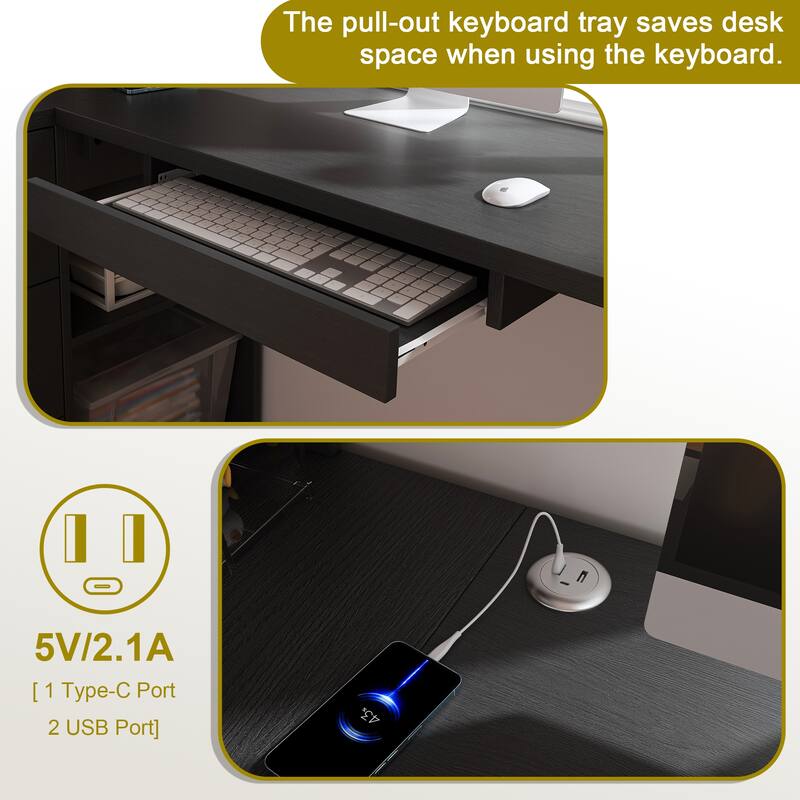 Computer Desk with Glass Cabinets & Built-In LED Lights, Corner L-Shaped Office Desk with USB Charging Ports, Keyboard Tray