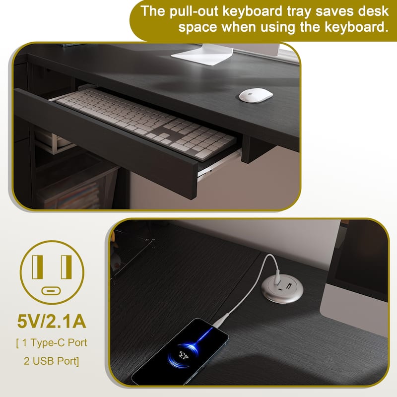 Executive Desk with Glass Cabinets & Built-In LED Lights, L-Shaped Corner Computer Desk, Writing Desk with USB Charging Ports
