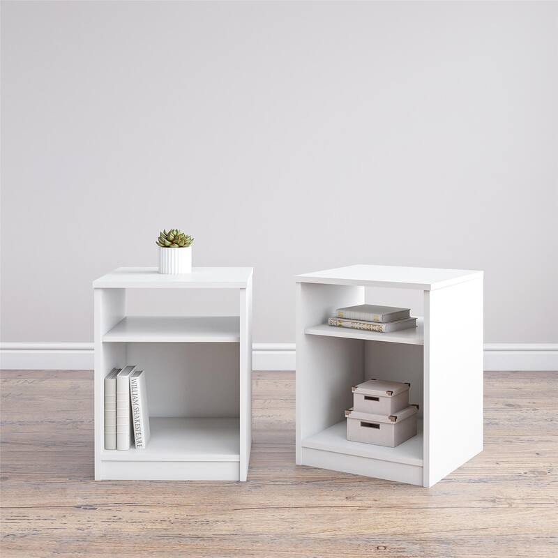 Roomfitters Classic Open Shelf Nightstand with Charging Access, Bedroom Side Table, White