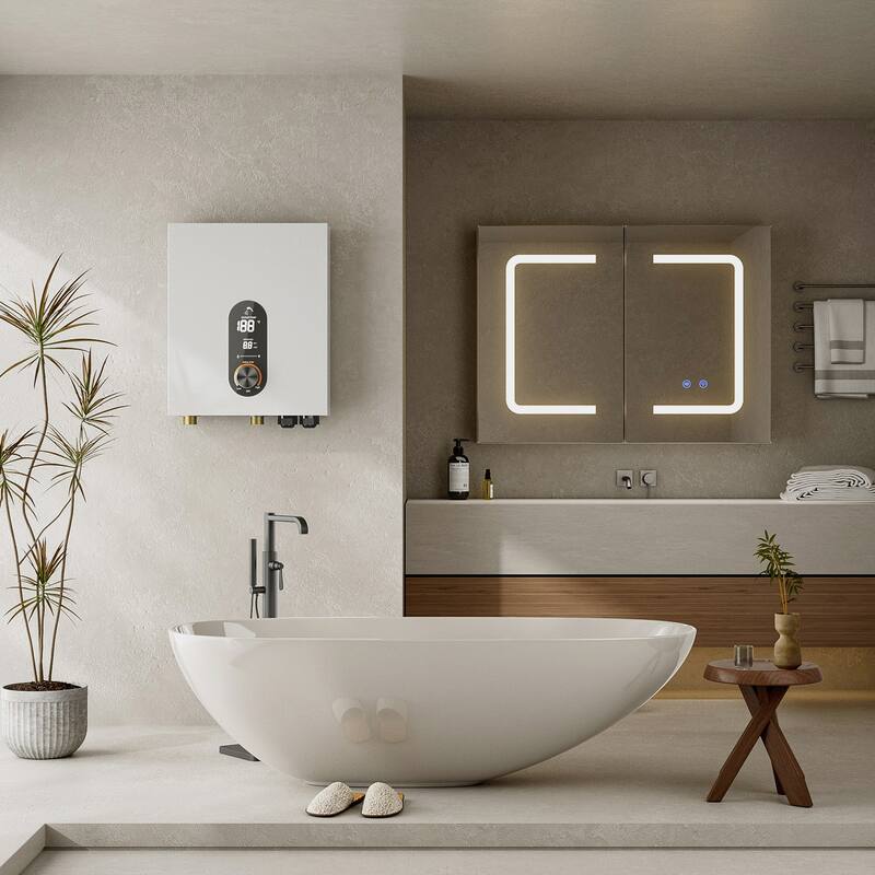 18KW Tankless Electric Water Heater, On Demand Instant Hot Water Heater with LED Temperature Display, 240V Wall Mounted