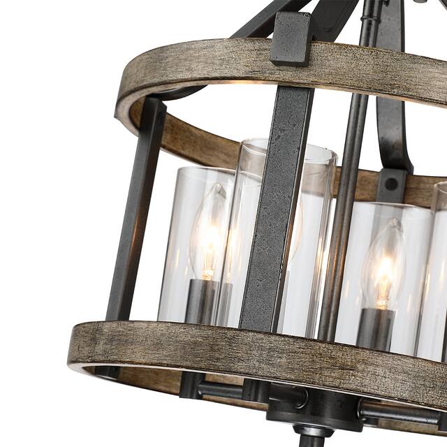 12.5 in. 4-Light Natural Iron and Distressed Faux Wood Modern Farmhouse Semi-Flush Mount Ceiling Light - 12.5"W