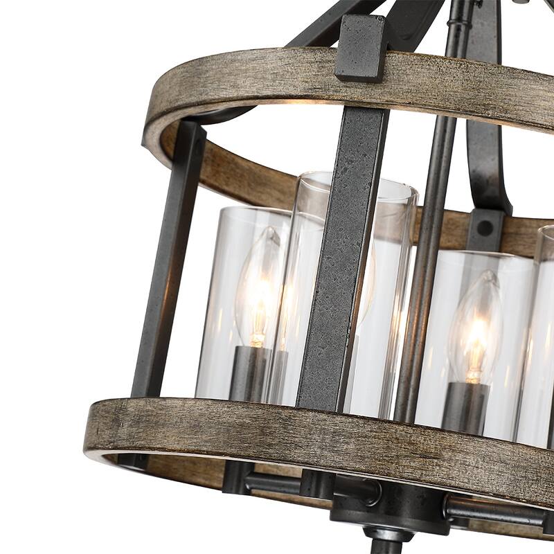 12.5 in. 4-Light Natural Iron and Distressed Faux Wood Modern Farmhouse Semi-Flush Mount Ceiling Light - 12.5"W