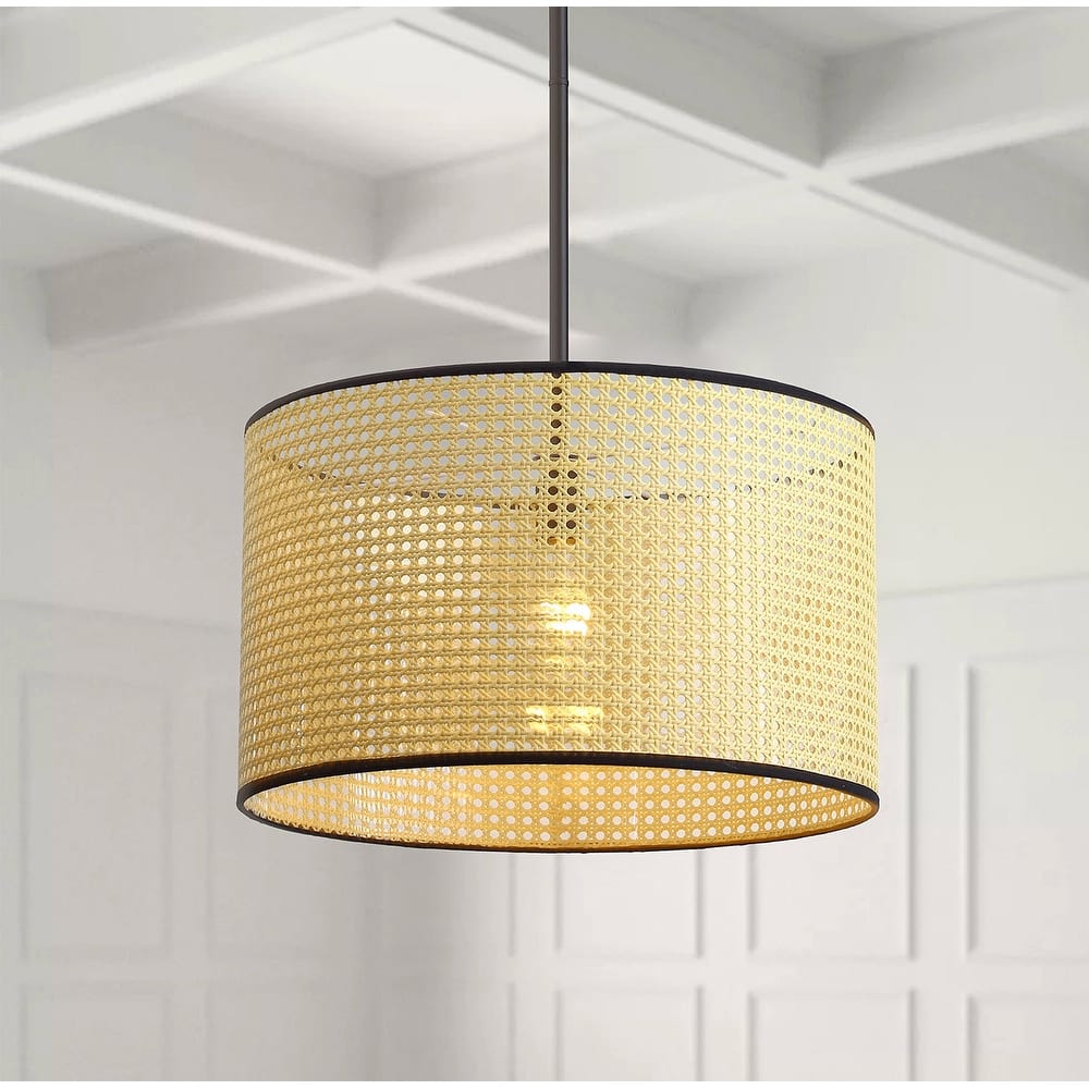 Light Brown Rattan Woven Farmhouse Cylinder Shape Pendant Light