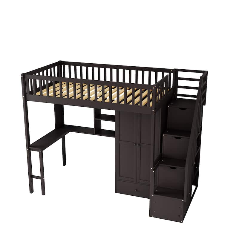 Full Size House Low Loft Bed with Four Drawers - Espresso