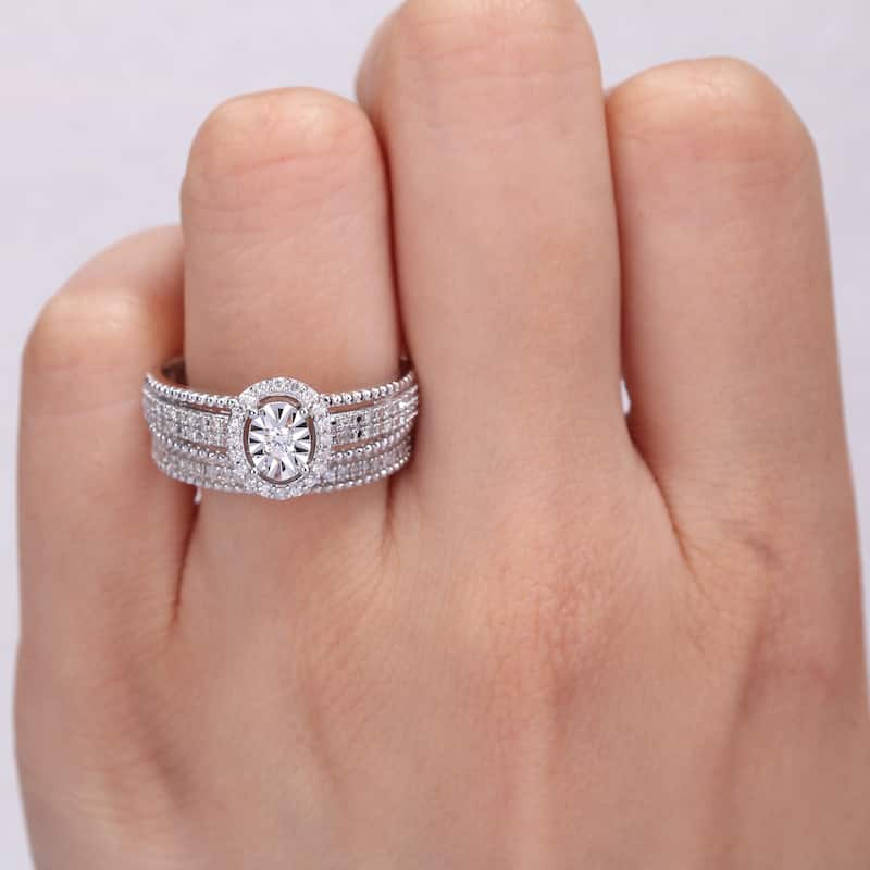Miadora 1/3ct TDW Diamond Multi-Row Halo Bridal Ring Set in Sterling Silver