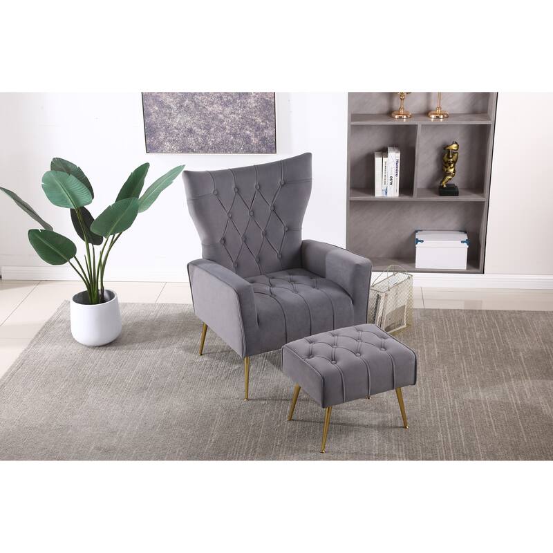 Upholstered Accent Chair with Ottoman, Single Armchair Lounge Chair for Living Room