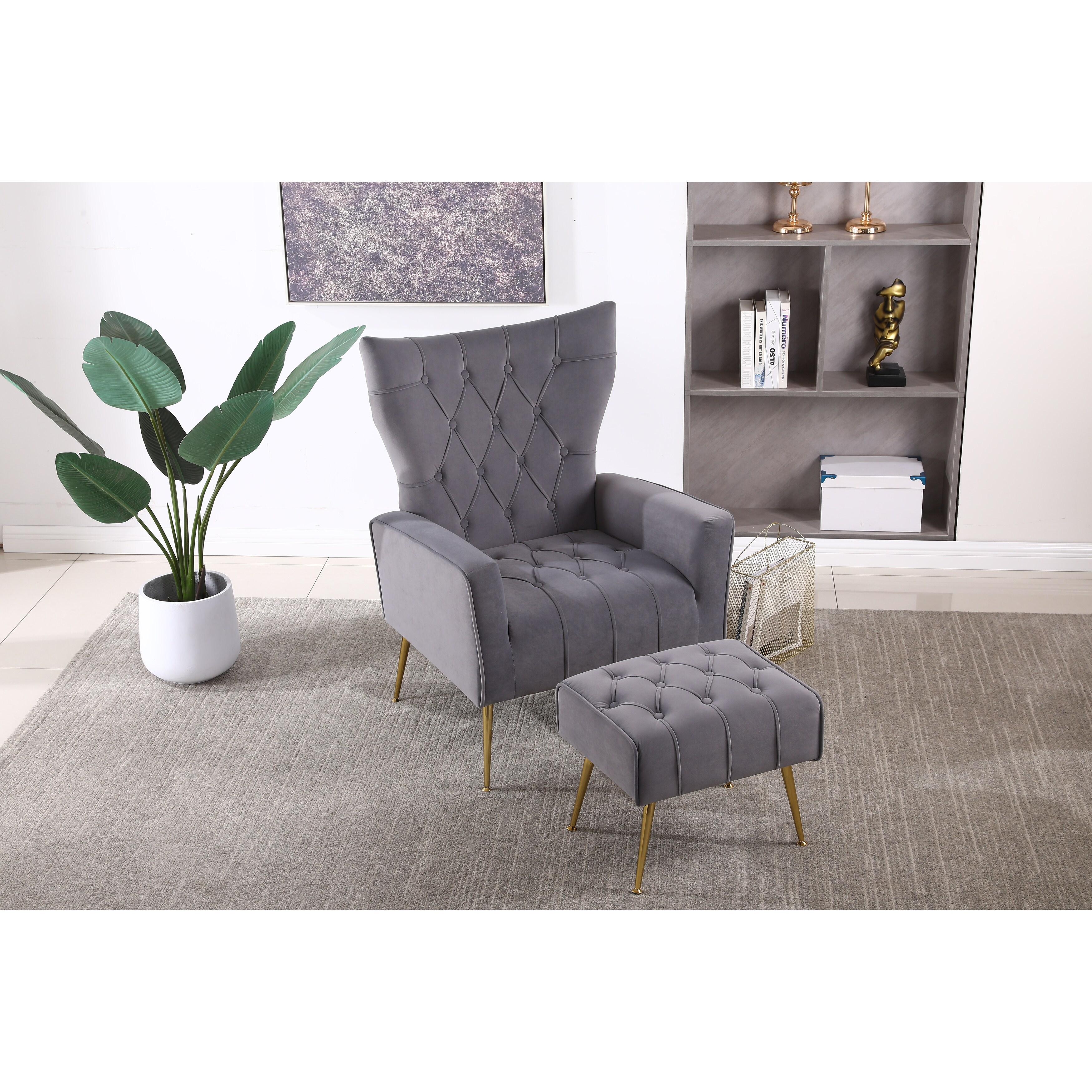 Grey Tufted Ottoman Chair Velvet Accent Chair Ottoman Sets Grey