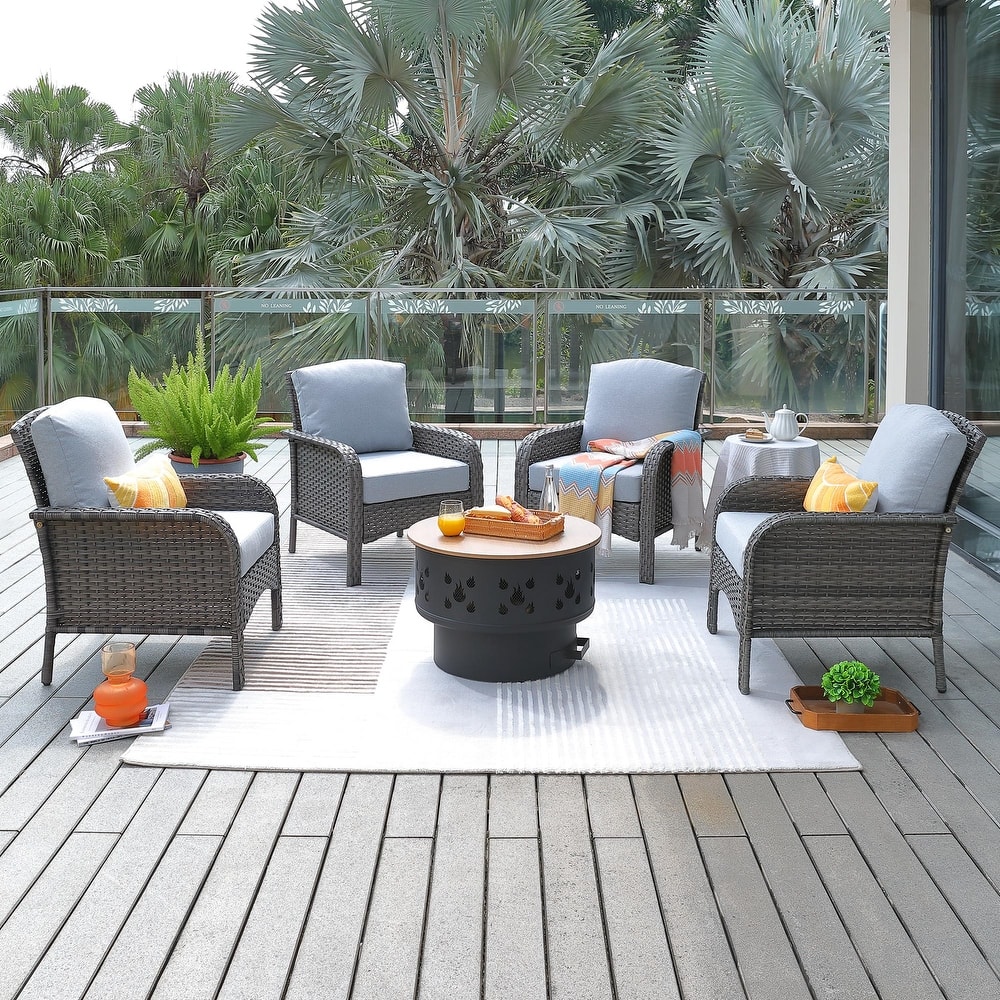 HOOOWOOO 5-piece Patio Wicker Chair Set with Wood Burning Fire Pit