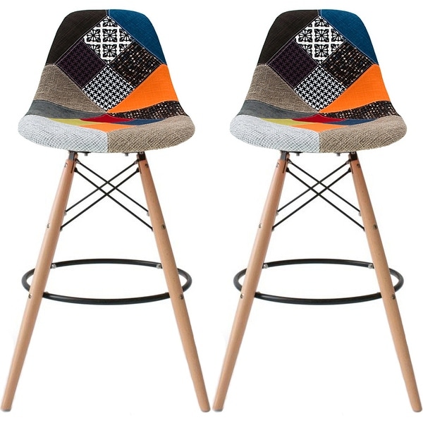 2xhome - 28-inch Plastic Chair DSW Patchwork Fabric Counter Stool Bar Stool (Set of 2)