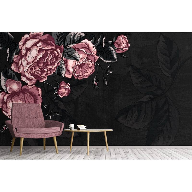 GK Wall Design Dark Flower Pink Peony Drawing Leaves Removable Wallpaper