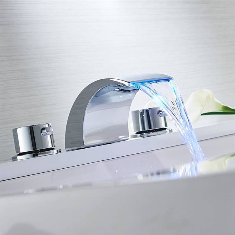 LED Widespread Bathroom Faucet With Drain Assembly 3 Holes Waterfall Bathroom Sink Faucets WIth Light 2 Handle Basin Vanity Tap