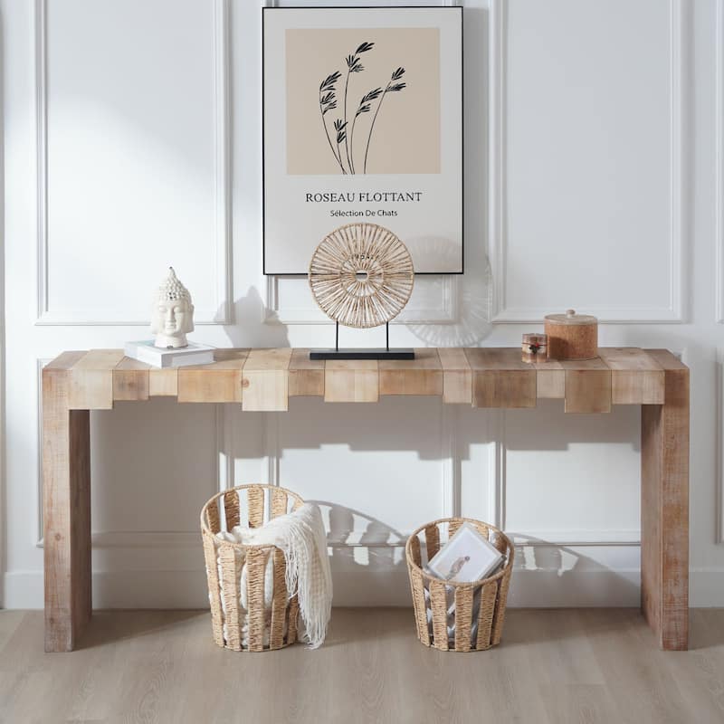 Roomfitters 71 Inch Rustic Wood Console Table with Sculpted Block Design, Natural Finish