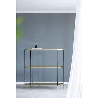 GDFStudio- Bertram 3-Tier Console Table with Gold-Framed Black Metal and Mirrored Shelves - 52.8"