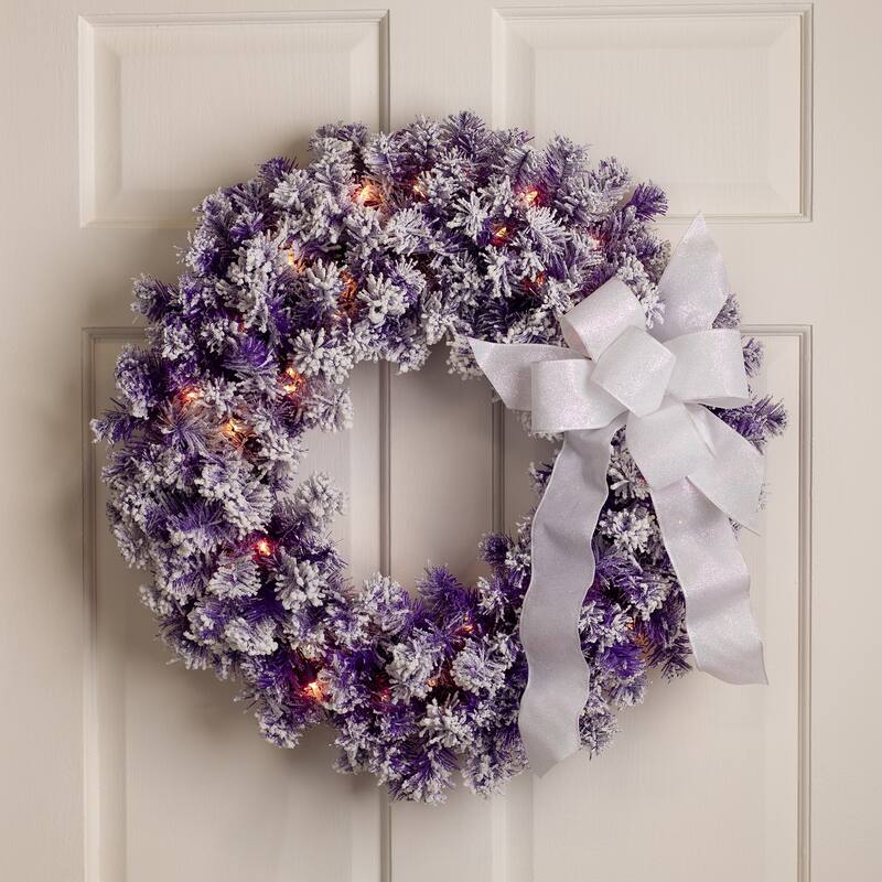 Pre-Lit Flocked Pine Artificial Christmas Wreath - 24" - Purple - Clear Lights