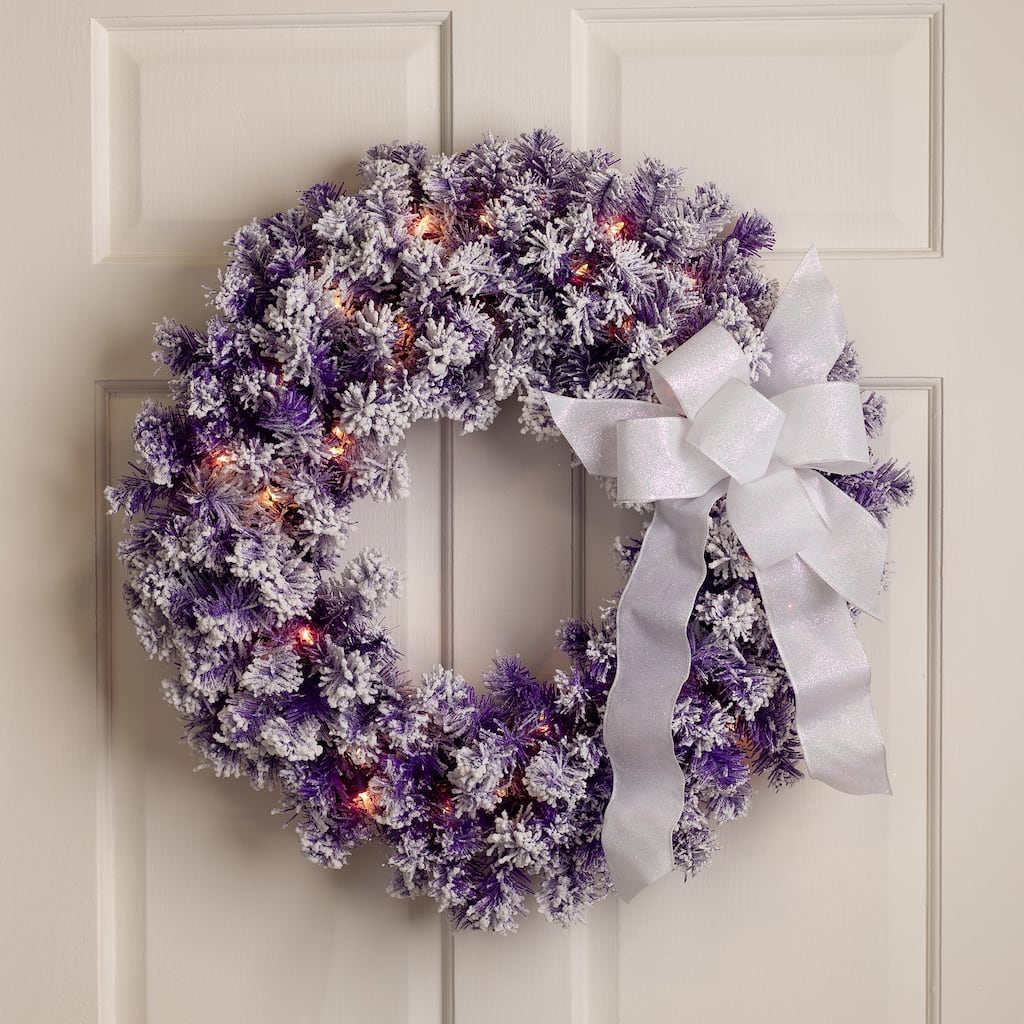 Pre-Lit Flocked Pine Artificial Christmas Wreath - 24" - Purple - Clear Lights