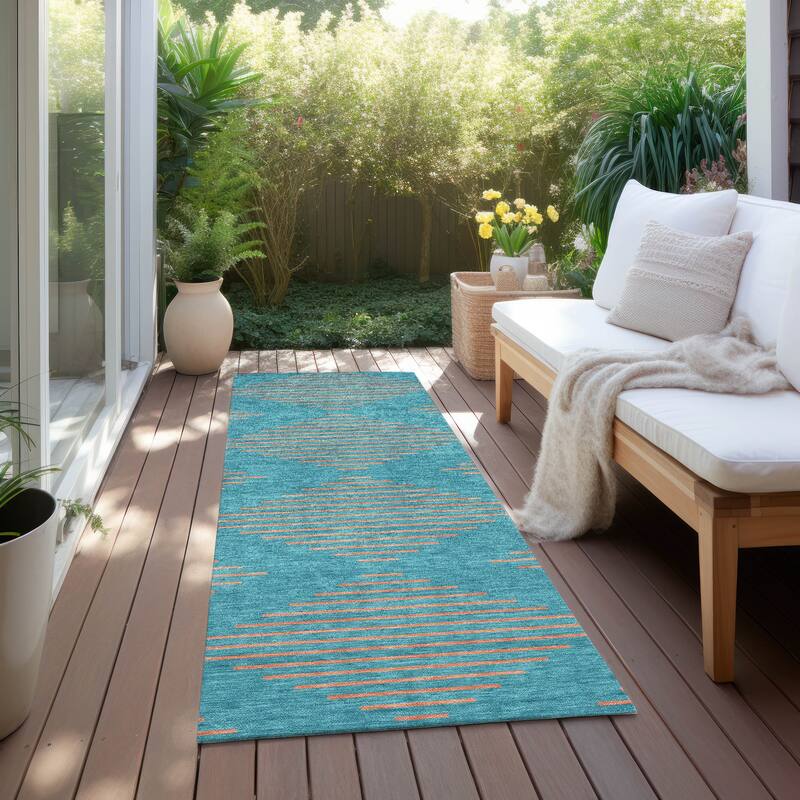 Machine Washable Indoor/ Outdoor Contemporary Geo Chantille Rug - Teal - 2'3" x 7'6"