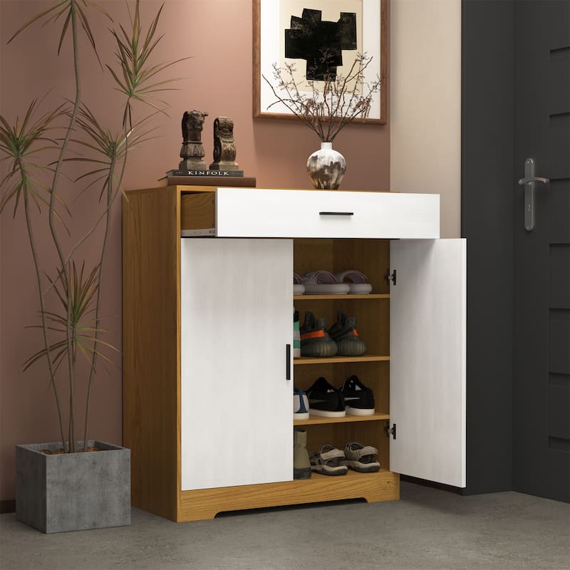 Freestanding Wood Shoe Storage Cabinet w/ 2 Doors ,Adjustable Shelves
