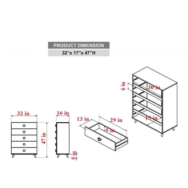 5Drawer Chest of Drawers for Small Space Wide Storage, White/ Black
