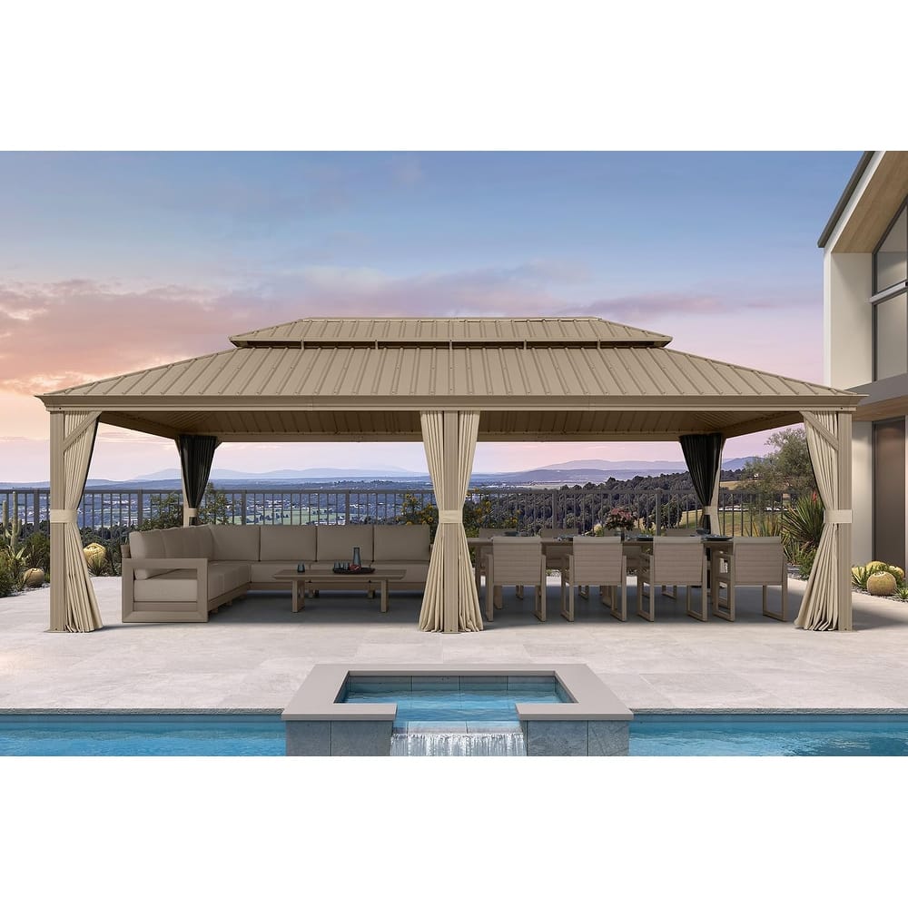 PURPLE LEAF Outdoor Hardtop Gazebo Pro Champagne Metal Frame Galvanized Steel Double Roof with Curtains and Netting for Poolside