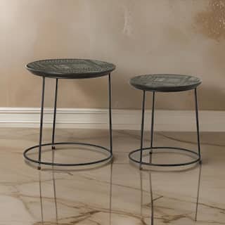 2 Piece Round Nesting Side End Table, Embossed Wood Top, Matte Black
