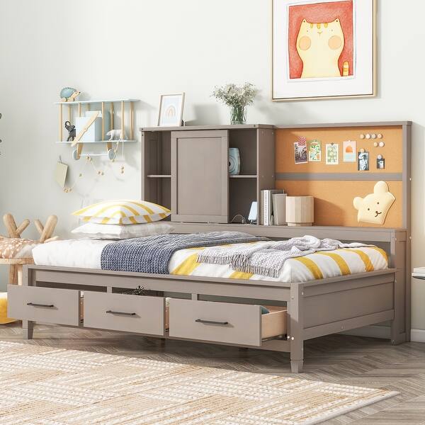slide 2 of 13, Twin Size Lounge Daybed with 3-Drawers,Kids Cork Board Bed Frame with USB Ports and 2 Built-in Storage Shelves, Antique Grey Antique Grey