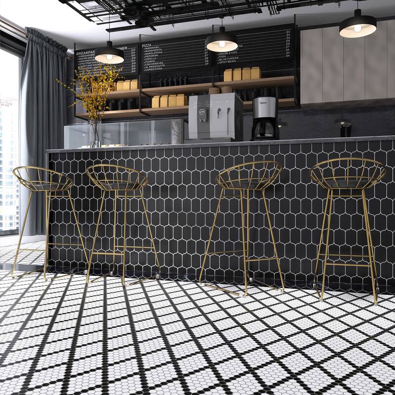 Merola Tile Metro 1" Hex Matte White w/Black Diamond 10-1/4" x 11-7/8" Porcelain Mosaic Floor and Wall Tile
