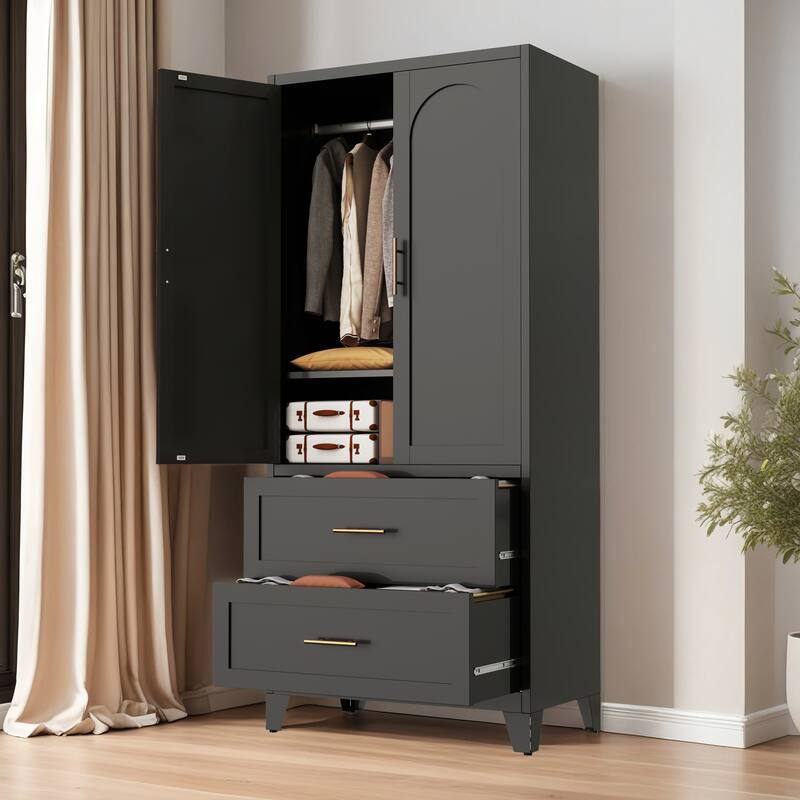 71" Metal Wardrobe Cabinet with 2 Drawers & Hanging Rod - 2-Door Closet with Shelf for Bedroom, Office, Entryway