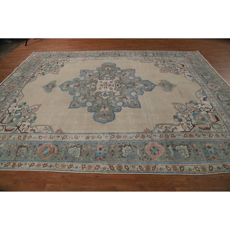 Geometric Beige Tabriz Persian Vintage Rug Hand-Knotted Wool Carpet - 8'3" x 11'0"