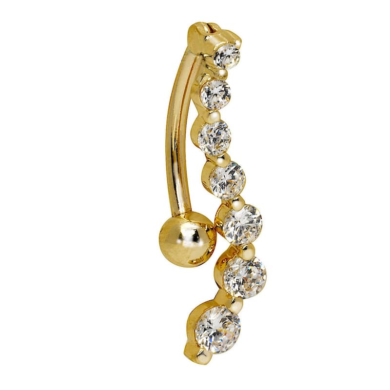 Curata Solid 14k Yellow or White Gold Journey Round Cubic Zirconia S-shape Top Mount Belly Button Ring Dangle (4mm x 24mm)