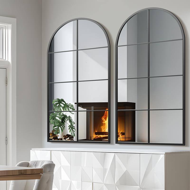 Iron Metal Frame Rectangular Windowpane Wall Mirror Farmhouse Rustic Elegant Decor for Living Room Bedroom Bathroom Entryway