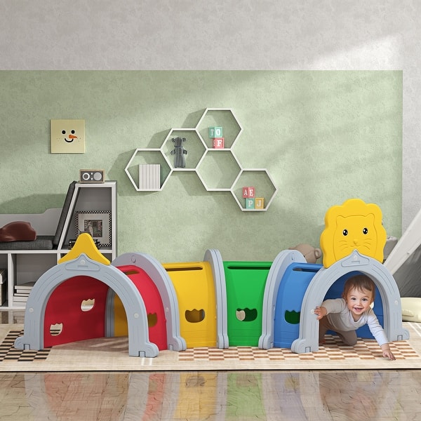 slide 2 of 9, Qaba Kids Play Tunnel for Children 3-6 Years to Crawl and Climb, Lion Design , Multicolored Multi