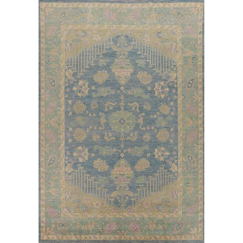 Hand Knotted Oriental 100% Wool Carpet Transitional Floral Navy Blue & Blues Oushak Area Rug - 11' 11'' X 8' 11''