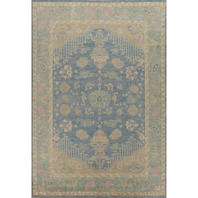 Hand Knotted Oriental 100% Wool Carpet Transitional Floral Navy Blue & Blues Oushak Area Rug - 11' 11'' X 8' 11''