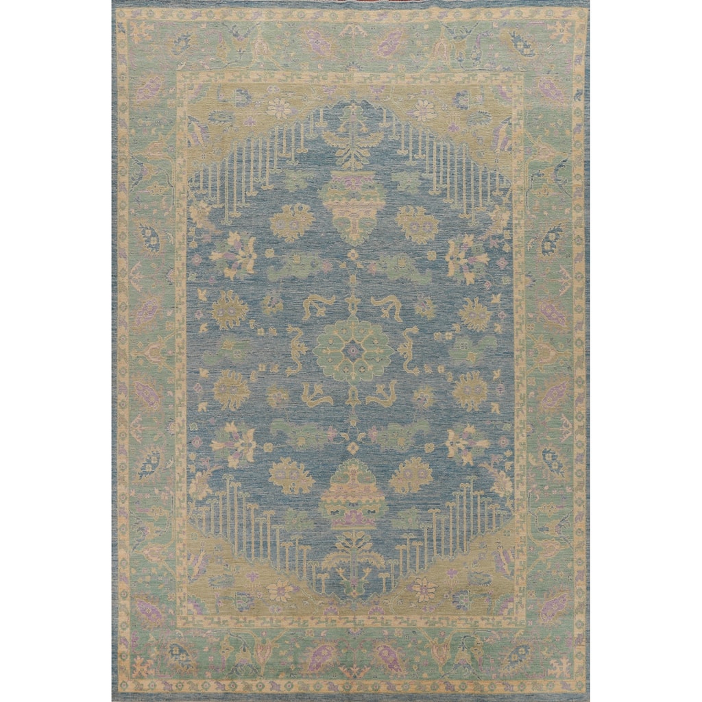 Hand Knotted Oriental 100% Wool Carpet Transitional Floral Navy Blue & Blues Oushak Area Rug - 11' 11'' X 8' 11''