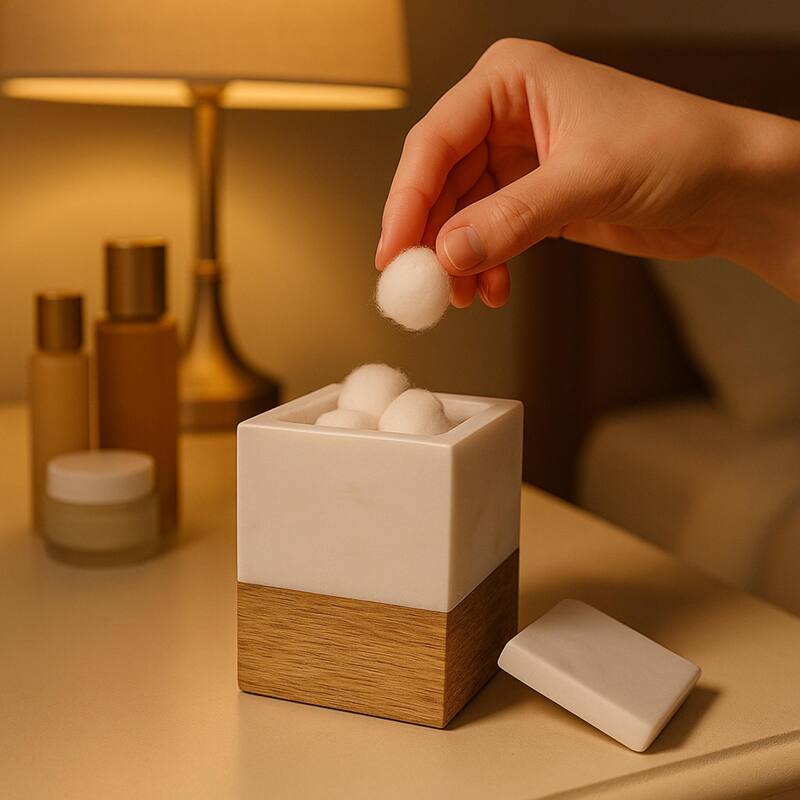 Creative Home Off-White Marble and Mango Wood Cotton Ball Swab Holder, Bathroom Storage Jar