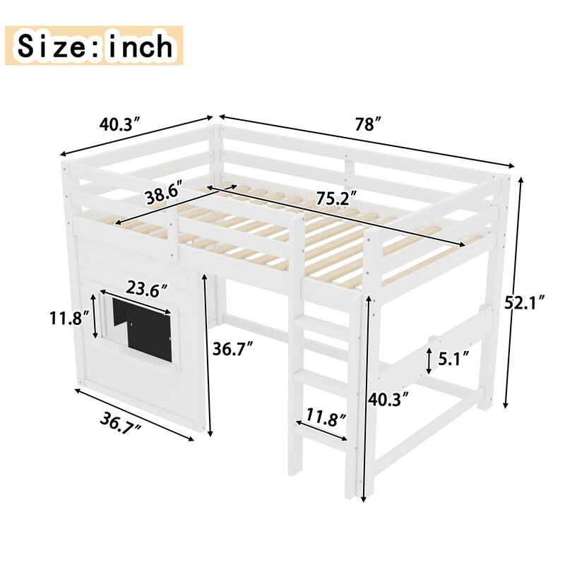 Kids Playful Loft Bed with Built-in Bookshelf and Sliding Chalkboard