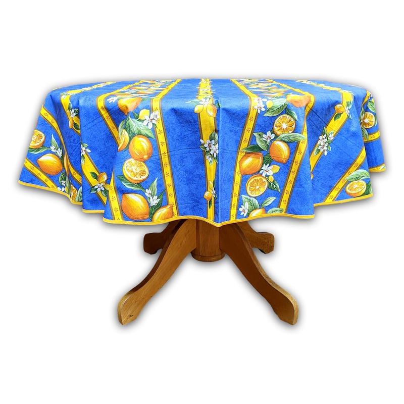Wipeable Spill Resistant Provencal Cotton Cannes Collection Tablecloth - 60-in Round - Blue Citrons