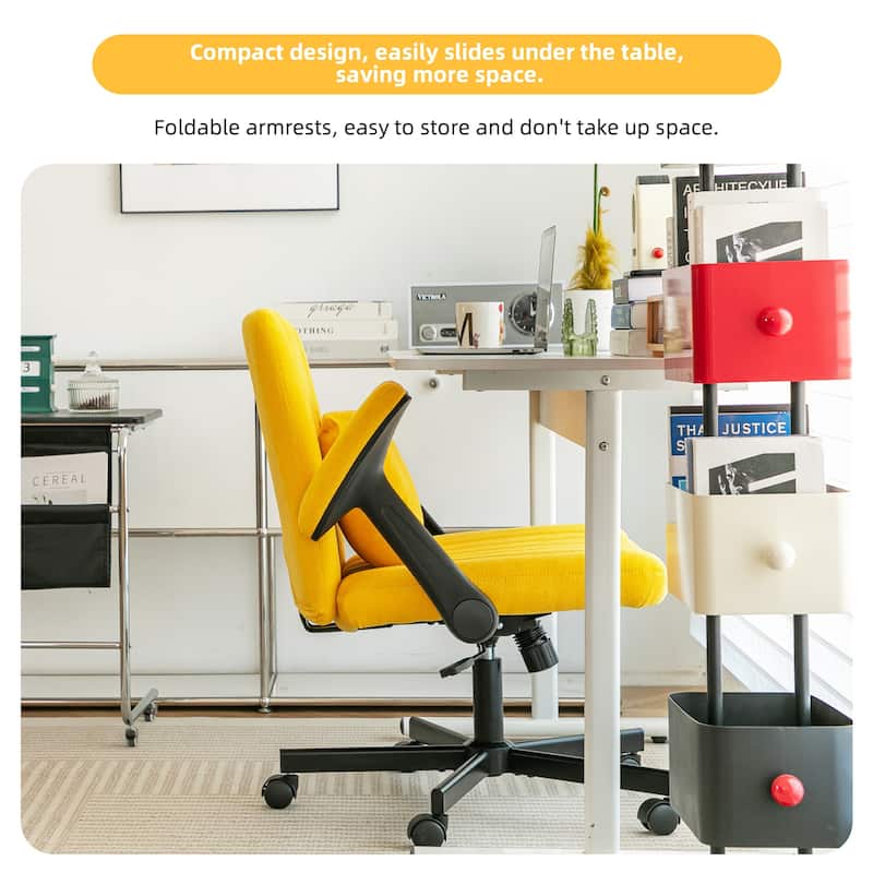 Yellow Cross-Legged Office Chair, Vanity Chair with Adjustable Seats and Wheels, for Home Offices and Studies
