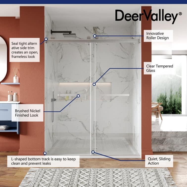 DeerValley 56" - 60" W x 76" H Double Sliding Frameless Shower Enclosure, Stainless Steel Accessories