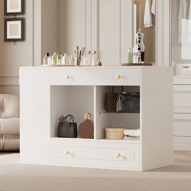 Wardrobe Armoire Bedroom Island with Glass Display Top and Open Shelves