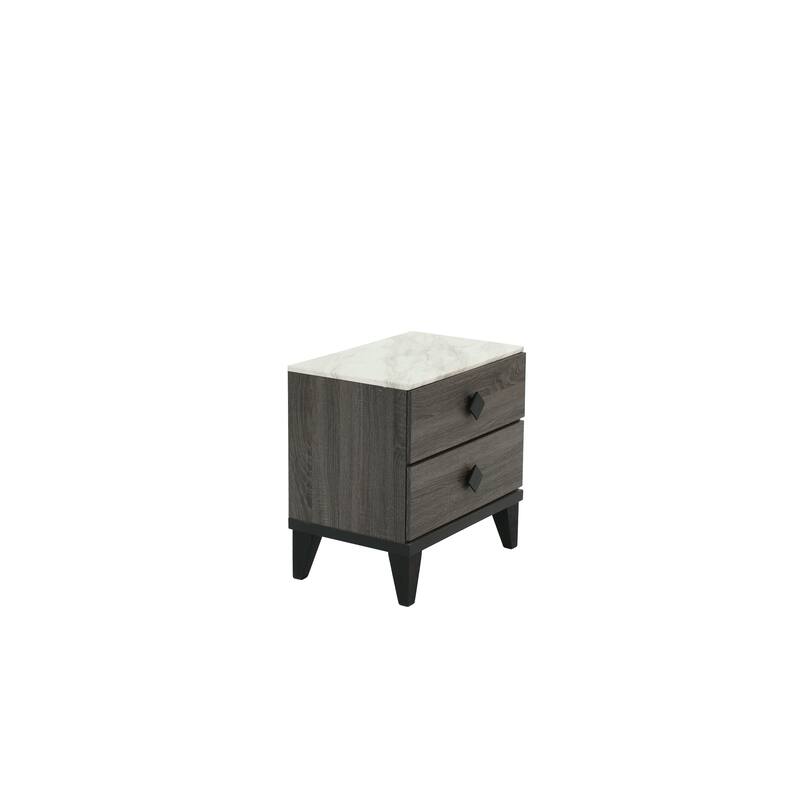 Dark Gray Oak Nightstand with Faux Marble Top and Rustic Accents