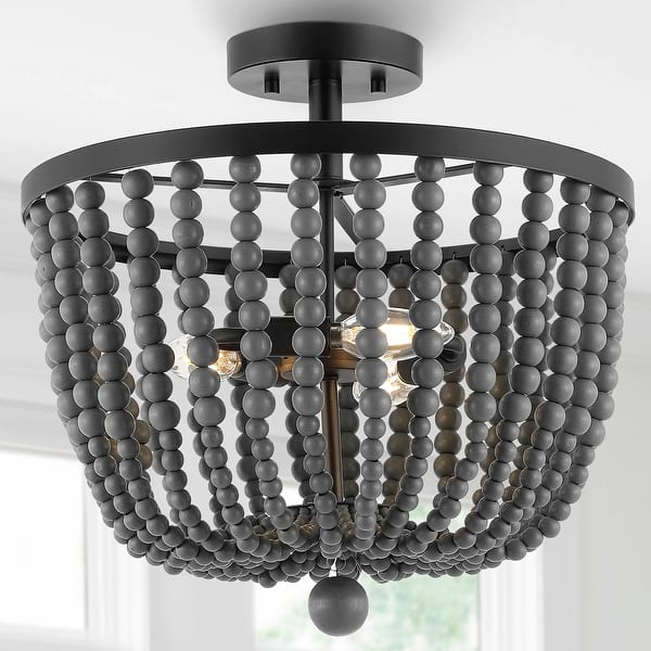 slide 2 of 12, Dune Wood Bead 16" 3-Light Bohemian Farmhouse Iron LED Semi Flush Mount, Oil Rubbed Bronze/Grey by JONATHAN Y